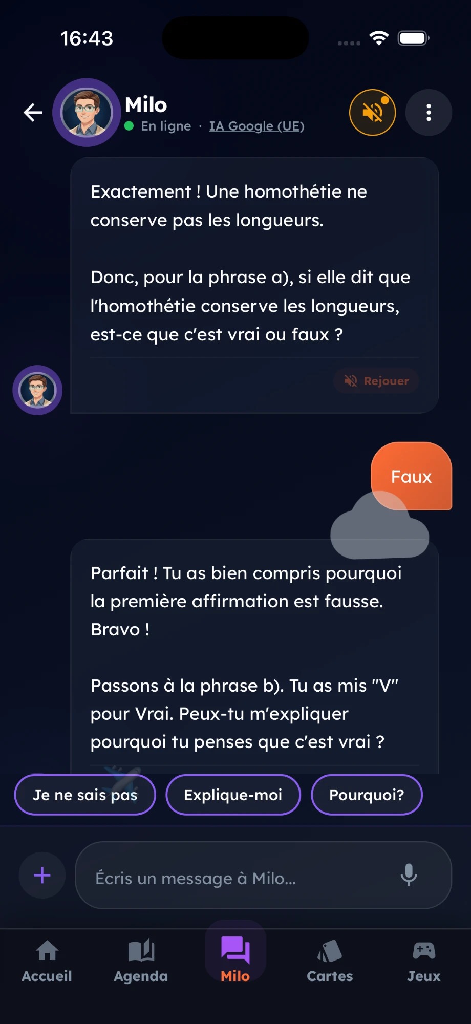 Milo interroge l'enfant sur une affirmation vraie ou fausse à propos des homothéties
