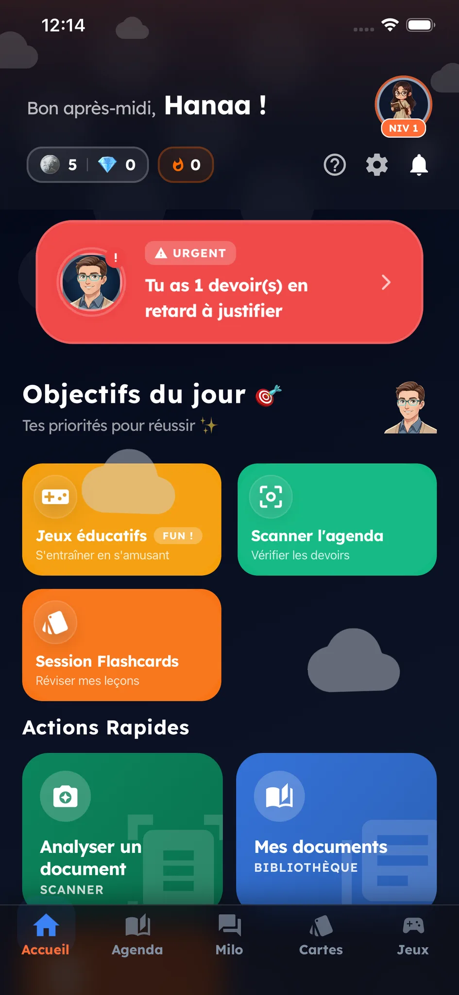 Accueil de l'élève : les devoirs en retard signalés par Milo, puis les objectifs du jour — photographier l'agenda, séance de fiches de révision, jeux éducatifs