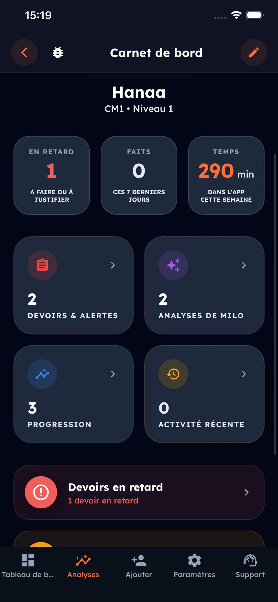 Le tableau de bord parent : chaque enfant, ses devoirs en retard, ceux à rendre demain et le temps passé dans l'application